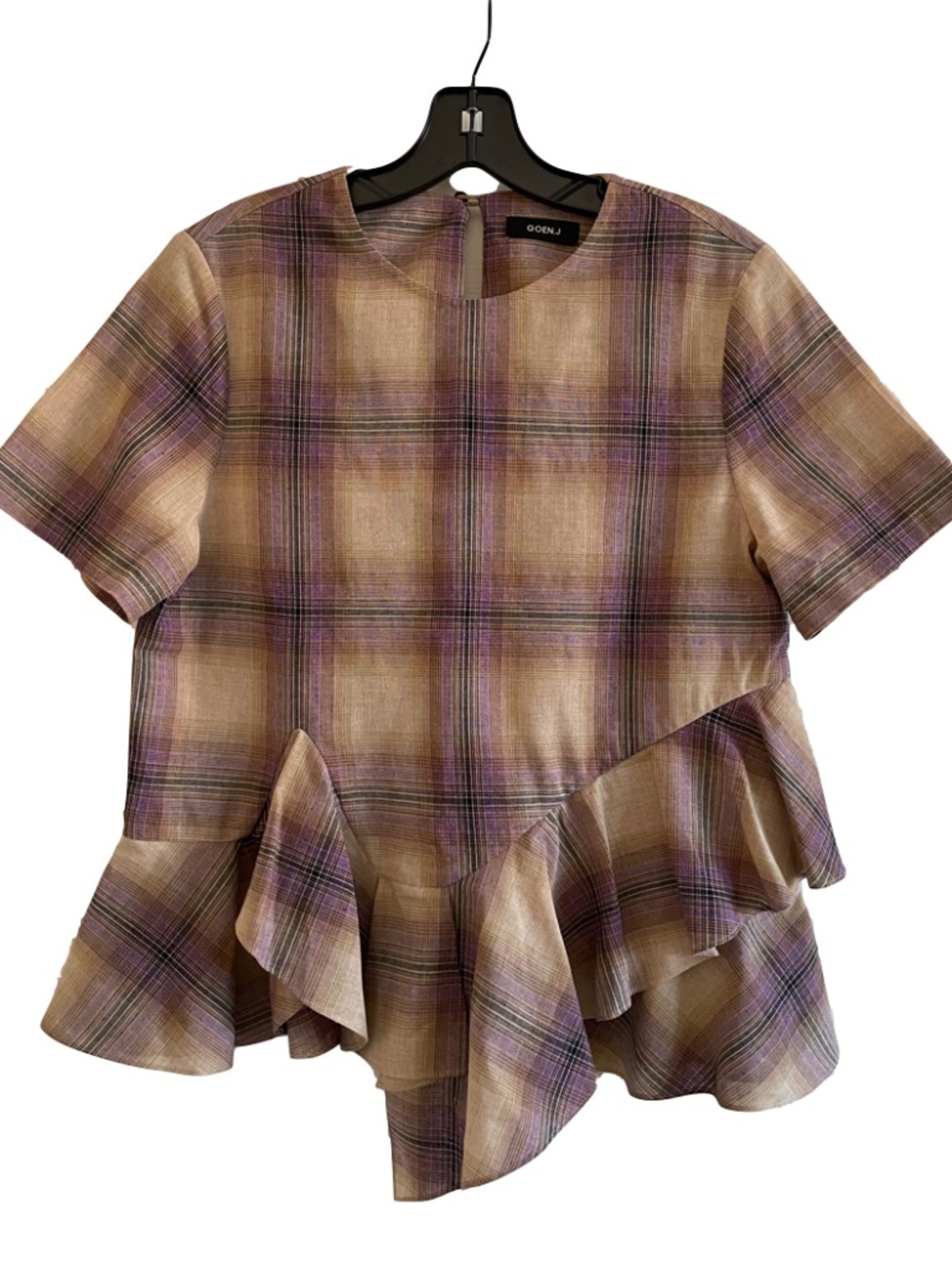 Goen. J Plaid Asymmetrical Peplum Ruffle Hem Short Sleeve Blouse Brown Purple